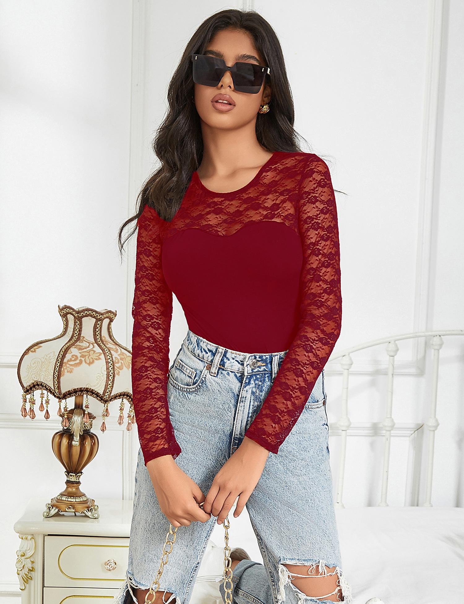 Women's Sheer Mesh Bodysuit Shirt Long Sleeve Lace Bodysuit for Going Out Cocktail Sexy Party Casual Black and Red and White Crew Neck Leotard Print Body Suit Top Valentine's Day Gift Comfortable Breathable Nylon Chic Body Suit Outfit Womenswear Crewneck