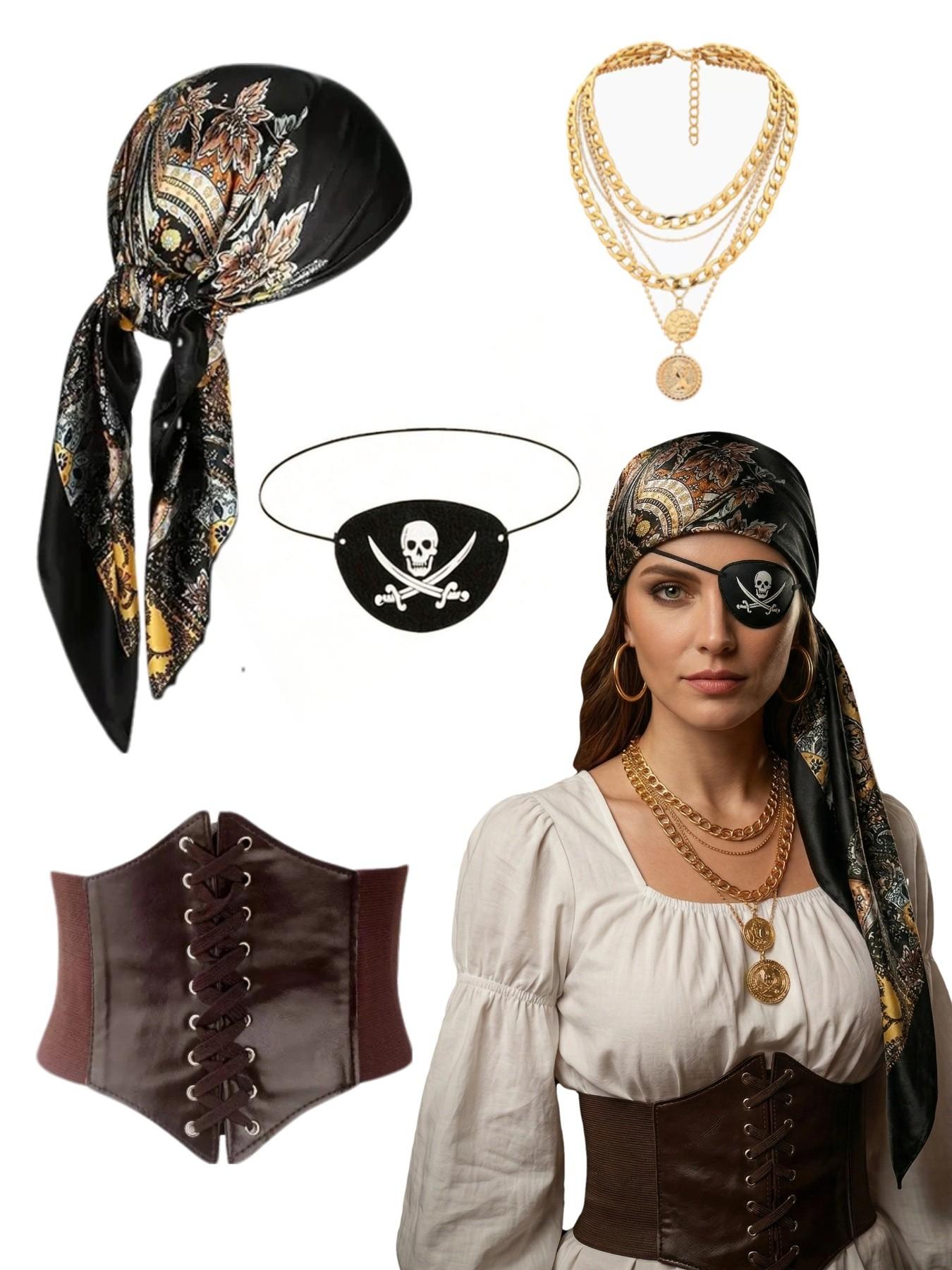 4-Piece Women's Pirate Costume Set, Halloween Party, Christmas Pirate Dress, Role Play Accessories, Headband Belt Necklace Goggles