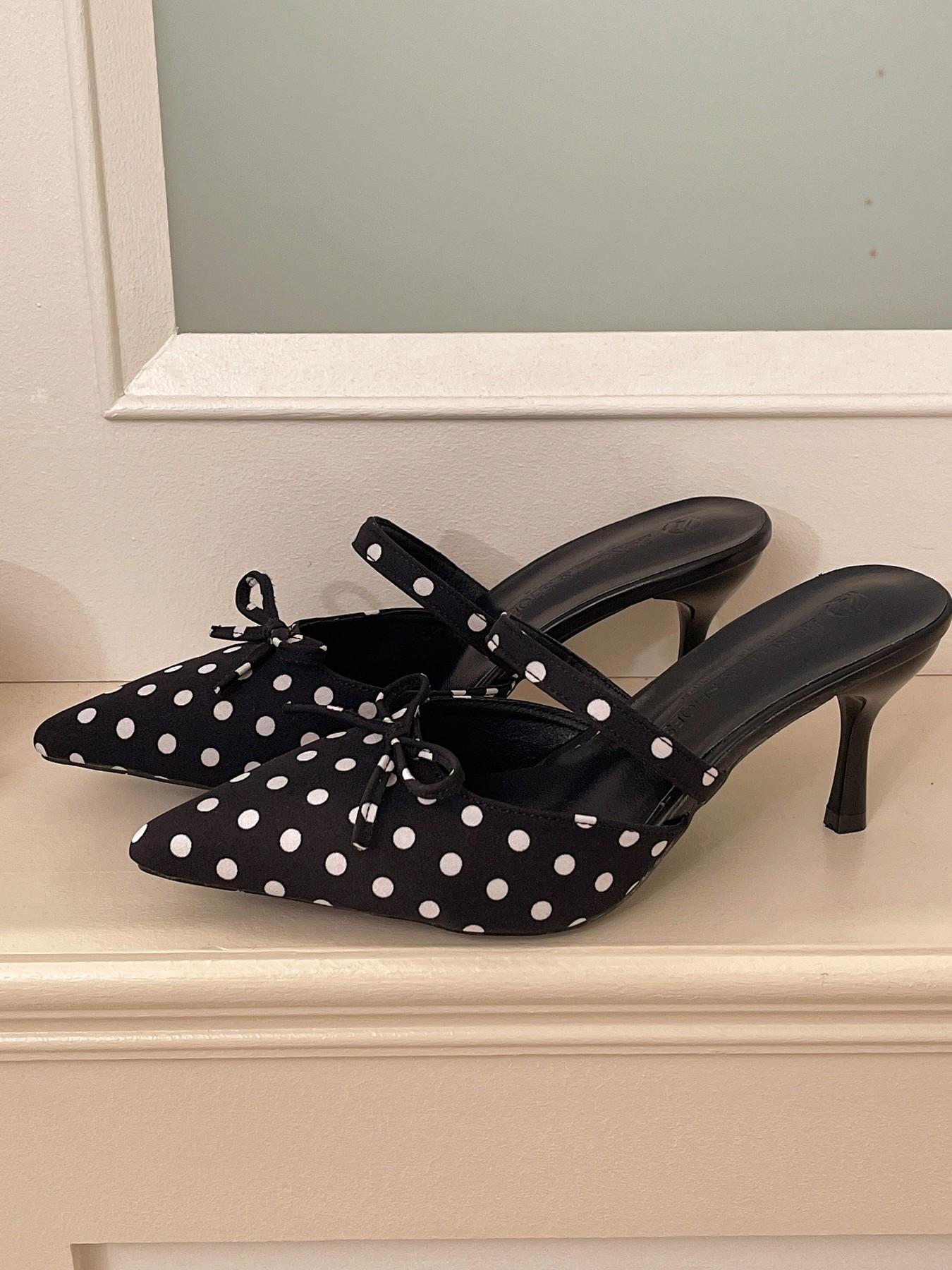 Spring Summer New Retro Polka Dot Bow Tie Pointed Toe Unique Sandals, Elegant High Heel Slip Ons, Versatile Dress Shoes, Comfortable & Stylish