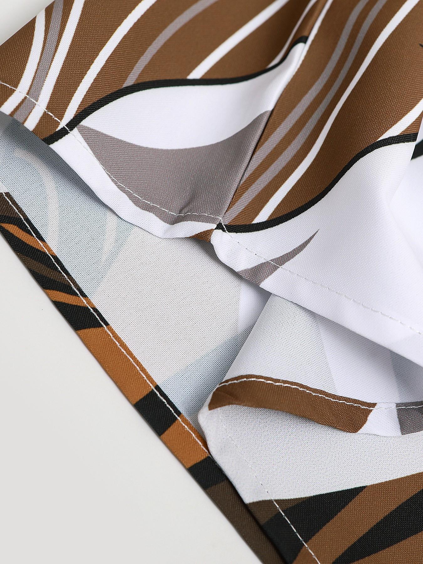 Men's Brown & White Abstract Art Print Home Loungewear 2-Piece Set - Short-Sleeve Lapel Shirt (Dynamic Brushstroke Pattern) + Drawstring Waist Solid Brown Shorts, Lightweight Breathable Fabric, Relaxed Slouchy Fit, Ideal for Lazy Weekend Lounging, At-Home