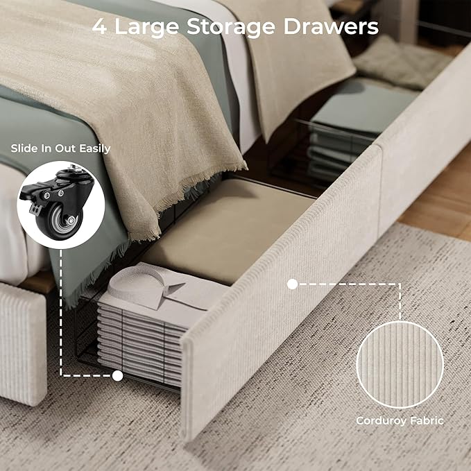 Bed Frame with Tall Tufted Wingback Headboard, Platform Velvet Upholstered Full Bed Frame with 4 Storage Drawers and Wooden Slats Support, No Box Spring Needed,