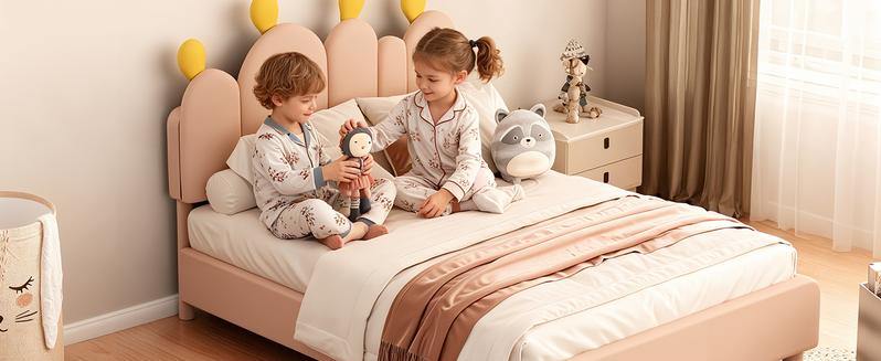 Lilypelle Twin/Full Boucle Bed Frame with Headboard – Cactus Upholstered Platform Bed for Kids, Rounded Corners, Solid Wood Slats, No Box Spring Needed