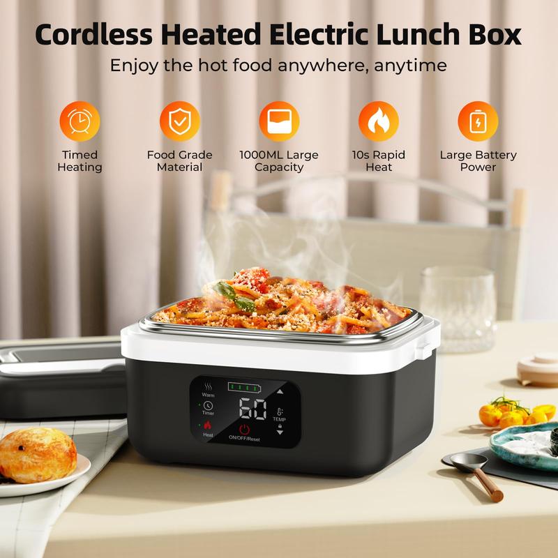 Adult Wireless Electric Heating Lunch Box, 8000mAh Rechargeable Timer Automatic Heating Lunch Box, 1L Portable Self-Heating Food Warmer With Fork And Spoon And Insulated Carrying Bag, Suitable For Office, Picnic, Car And Travel Outdoor Use