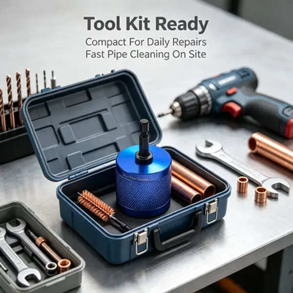 Electric copper tube cleaning brush handheld high speed power polisher for eliminating stubborn rust oxide grime hard stains and dark tarnish on thick metal pipe surfaces for household and workshop maintenance