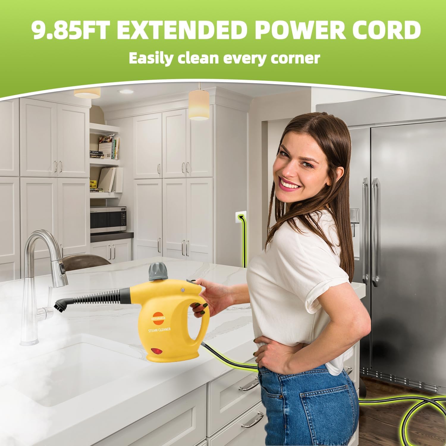 Pressurized Handheld Steam Cleaner with 350ml Capacity, 13-Piece Accessory Kit, Safety Lock, ABS Shell, Heat Insulating Closed Heating System for Bedroom, Living Room Floors (Yellow)