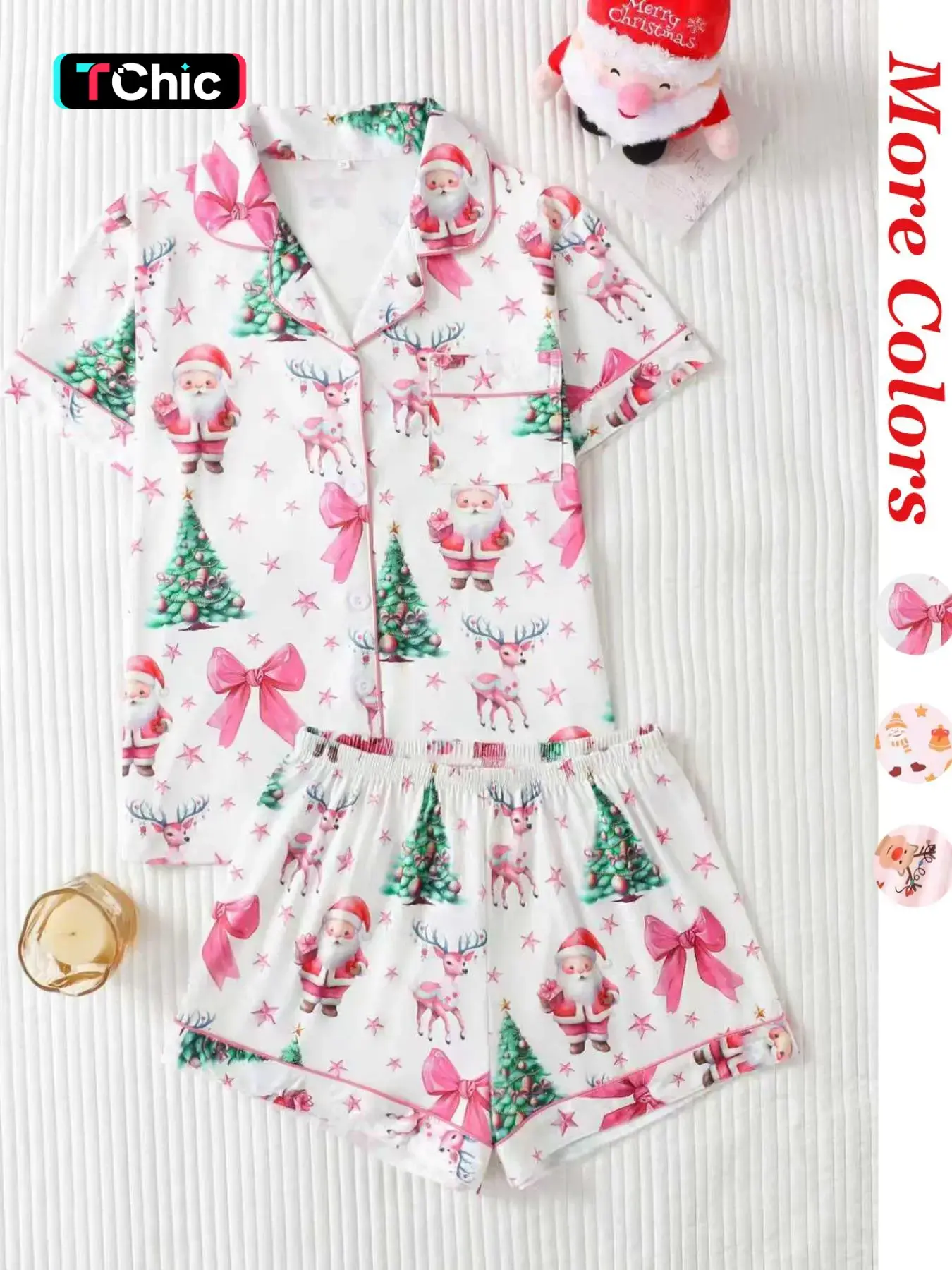 2 Piece Christmas Pajama Set, Cute Santa Bow Reindeer Tree Print, Fitted Casual Sleepwear, Comfortable Short Sleeve Top & Loose Shorts