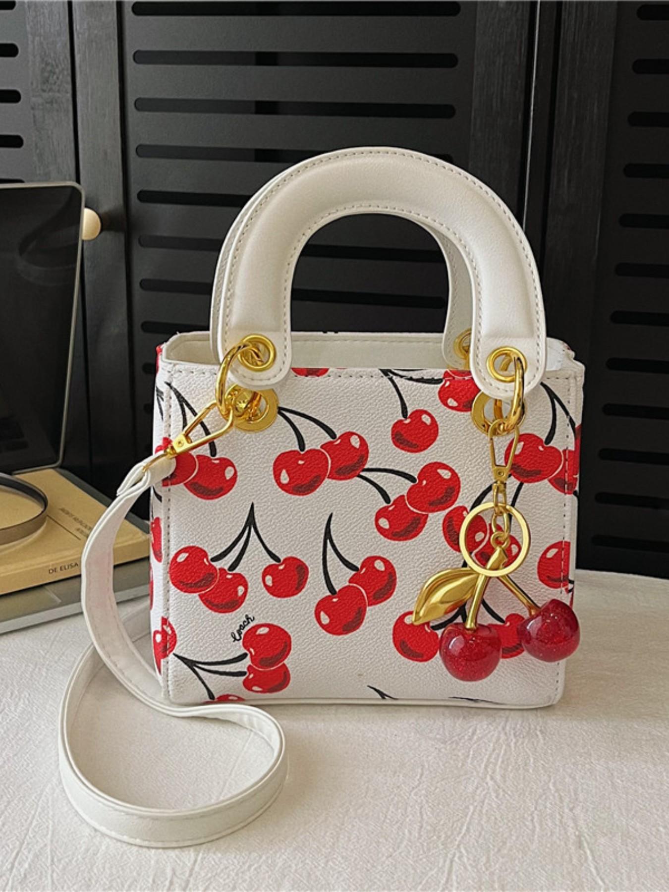 Background Cherry Print Mini Two-In-One Bag, Valentine's Day Gift, Sweet Girl Style, Perfect for Date, Romantic Exclusive