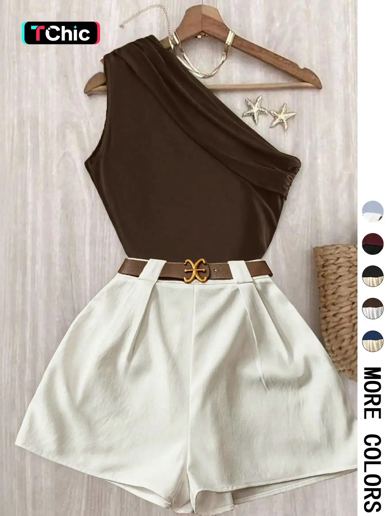 Contrast One-Shoulder Top & Pleated Shorts Matching Set - Ideal for Date Nights, Vacations & Brunch | Comfortable Two-Piece Set, Quiet Luxury Aesthetic- Trendy Baddie Outfit for Office & Going Out | Viral （No Belt）