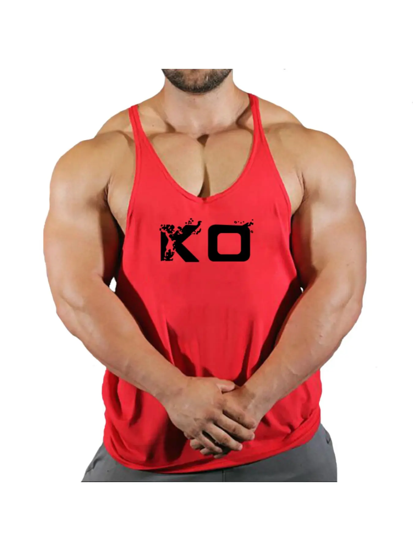 Men's KO Letter Print Stringer Tank Top Athletic Fitted Breathable Bodybuilding Workout Sleeveless Fitness Vest
