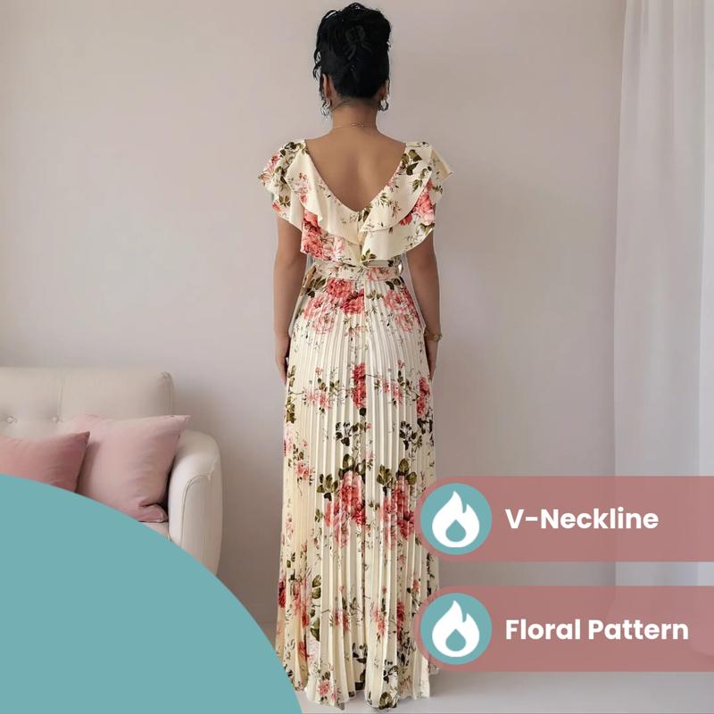 Women's V Neck Floral Print Elegant Folded Long Dress, High Tie-waist Slim Fit A-Line Party Dresses, With Ruffled Short Sleeves, Elegant and Romantic Women's Dresses, Floral Pattern Dress