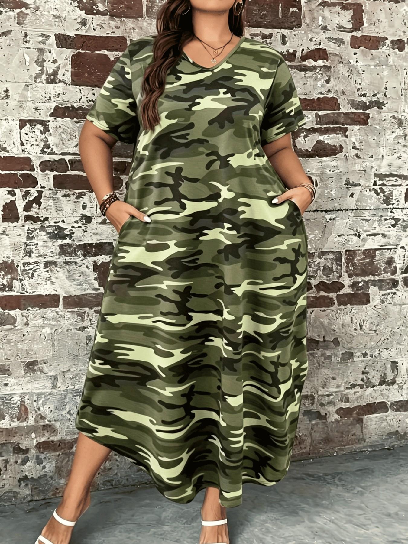 Plus Size Camouflage Print Maxi Dress, Short Sleeve, V Neck, Loose Fit, Curvy Casual Wear, Tummy Hiding, Summer, Pockets