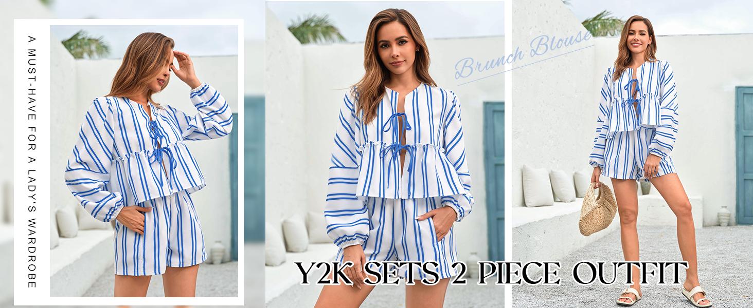 Tankaneo Womens 2 Piece Outfits Tie Front Peplum Tops Shorts Sets Striped Puff Long Sleeve Blouse Y2K Lounge Sets Tankaneo Womens 2 Piece Outfits Tie Front Peplum Tops Shorts Sets Striped Puff Long Sleeve Blouse Y2K Lounge Sets