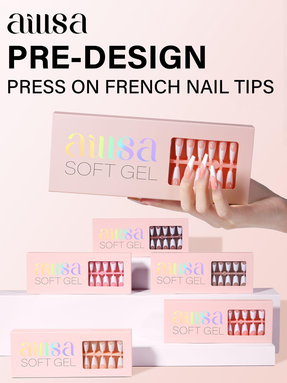 Aillsa Long Coffin French Tip Nails Set - 180pcs Sheer Pink Soft Gel Nail Tips in 15 sizes, Mini UV Lamp, Base coat and Top coat, Easy to Wear Soak Off Acrylic Fake Nails Extensions DIY Nail Art at home Christmas Birthday Gift For Women gel nail nail glue