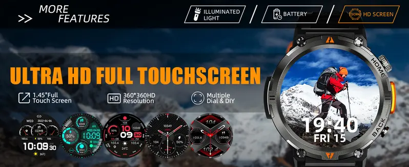 EIGIIS KE3 Rugged Wearable Smartwatch for Men - Electronic Gadgets with Call Receive/Dial, LED Flashlight, 3ATM Waterproof, 100+ Sports Modes, Pedometer, Durability, Motion Tracker Smart Watches, Camera Remote Ctrl (Swimming & Gift Compatible)