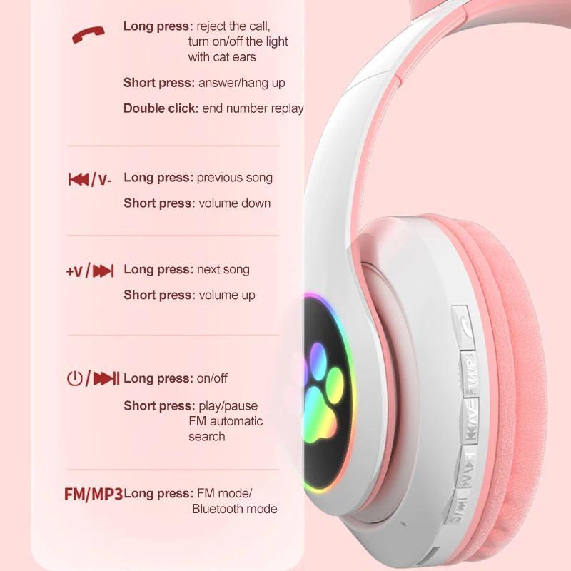 Flash Lamp Cute Cat Ears Headphone Bluetooth5.0 Stereo With Mic Support TF Card Wireless Kids Girl Earphone Birthday Gift btheadphones