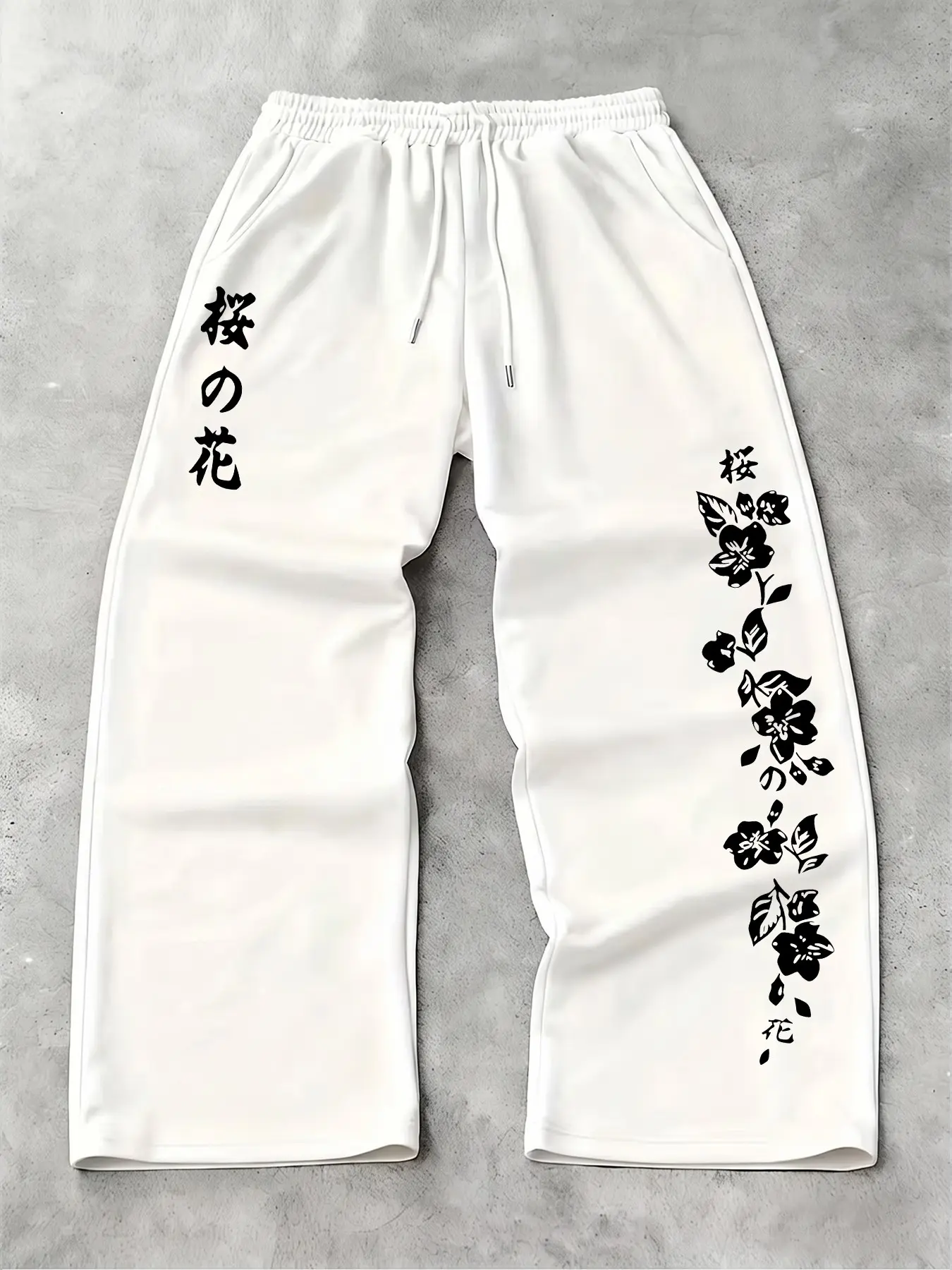 Japanese Style Cherry Blossom Print Wide Leg Sweatpants, Elastic Drawstring High Waist Loose Fit Casual Pants for Fall