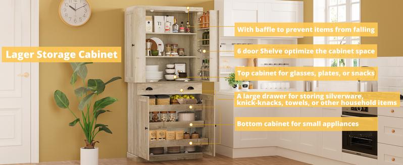 【2 Packages Shipping】IRONCK Kitchen Pantry Cabinet 72" Height, Freestanding Cupboard with Drawer, Sliding Storage Rack, and 6 Hanging Shelves for Dining Room, Laundry, Rustic Maple 【2 Packages Shipping】IRONCK Kitchen Pantry Cabinet 72" Height, Freestanding Cupboard with Drawer, Sliding Storage Rack, and 6 Hanging Shelves for Dining Room, Laundry, Rustic Maple