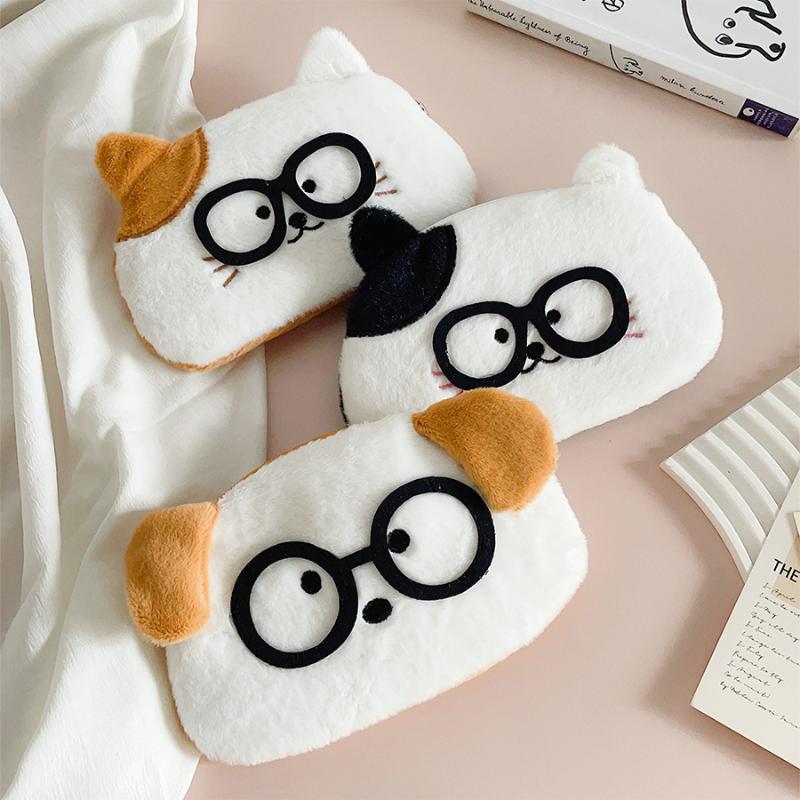 Cute Glasses Puppy Kitten Plush Pencil Case Large Capacity Pencil Bag Student Stationery Storage Bag Small Wallet Birthday Gifts