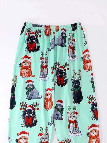 Women's Christmas Pajama Set, Long Sleeve Button Front Top & Elastic Pants, Animal Print, Casual Fitted Sleepwear for All Seasons, Nightwear Lounge Set