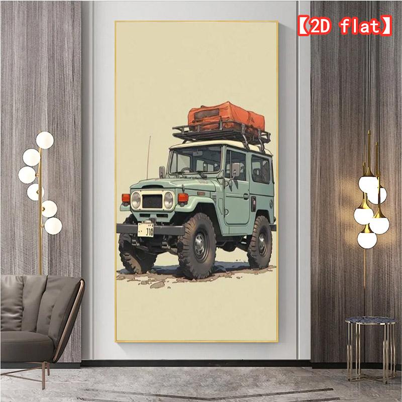 2D flat large best-selling decorative painting, off-road vehicle with luggage, ready for adventure. Canvas painting without frame, suitable for living room, office, indoor background decoration