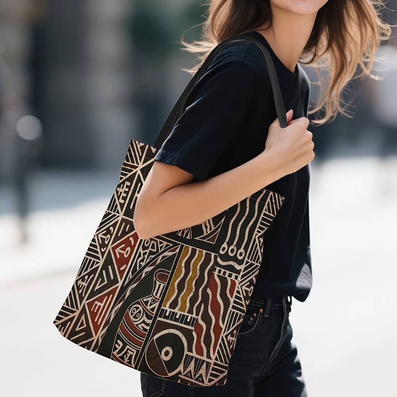 Vintage African Art Geometric Pattern Canvas Bag, Teen Shopping Bag, Durable, Suitable for Daily Use and Beach, Spacious Design, Classic Style