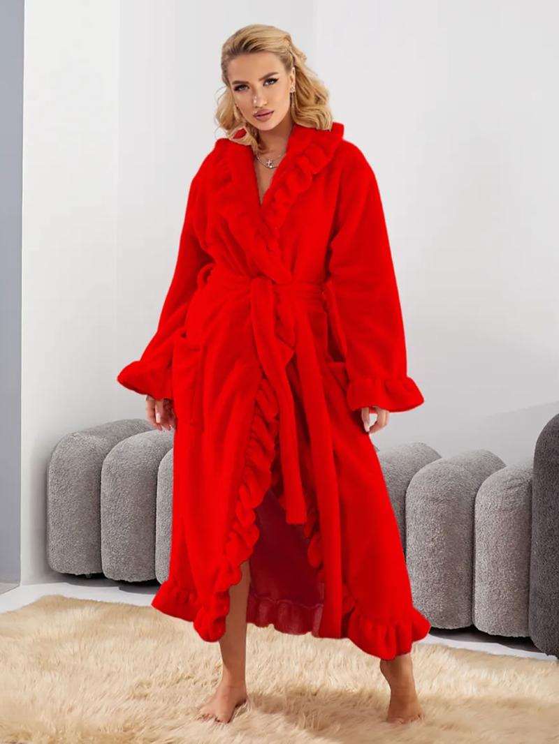 Women's Solid Color Flannel Bathrobe, Elegant Long Sleeve Wrap Robe, Women's Sleepwear for Fall & Winter, Nightgown, Casual Comfy Fluffy Pajamas, Soft Casual Pajamas