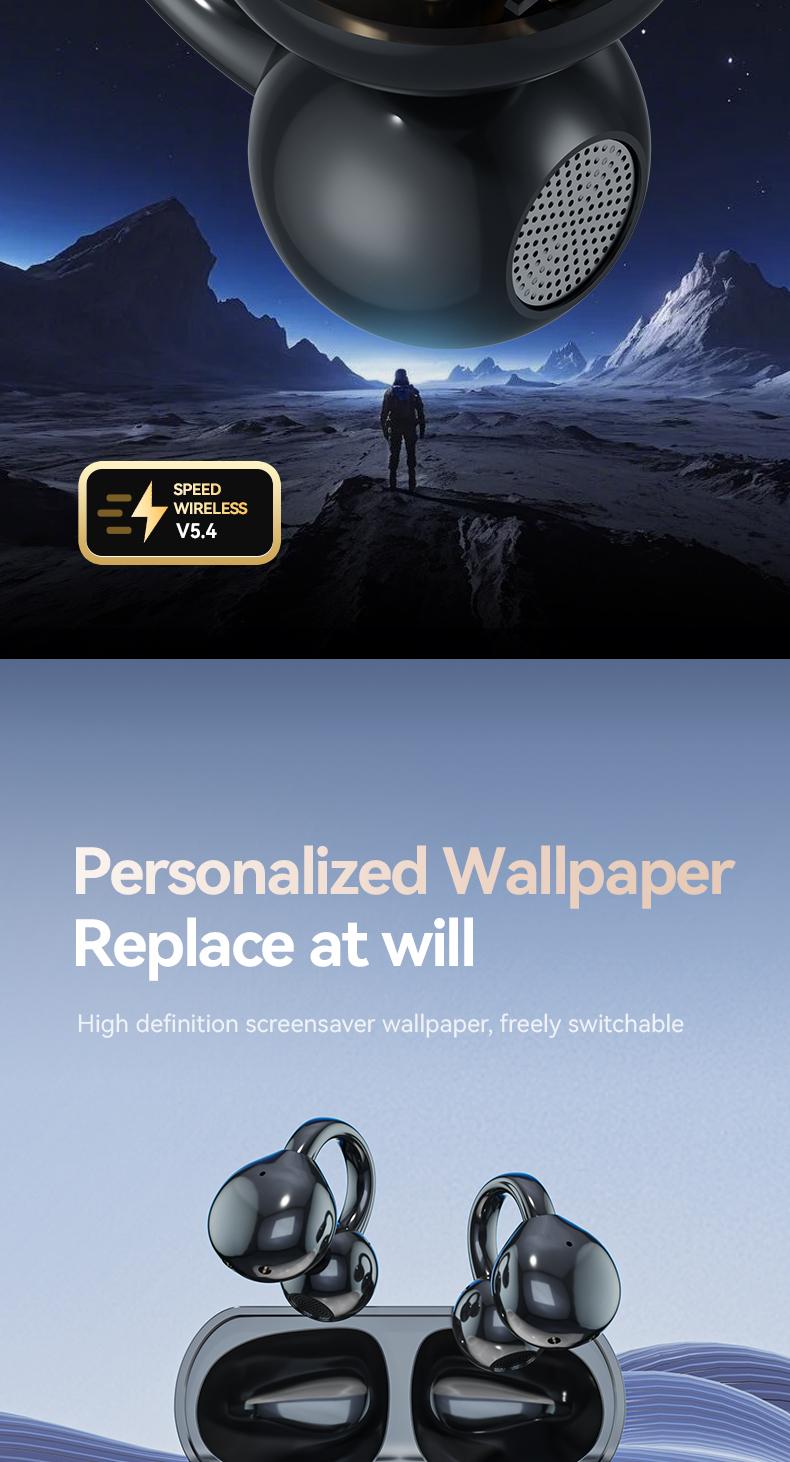 Clip On Ear Earbuds With Audio-Visual Future Touch Screen, Audio Wireless Headphones for Music & Phone Calls,Sport Waterproof & Sweatproof