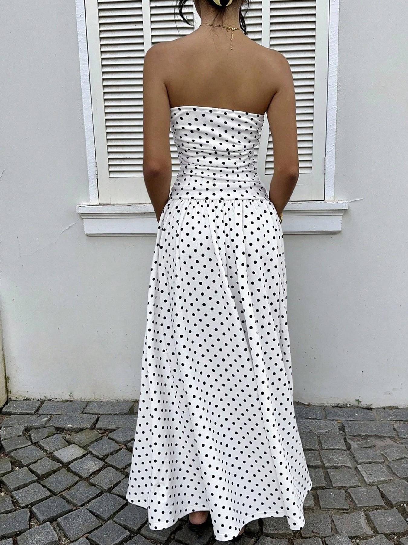 Women's Polka Dot Strapless Dress, Elegant Sleeveless Swing Flowy Maxi Dress, Spring & Summer Fitted Knit A-Type Dress