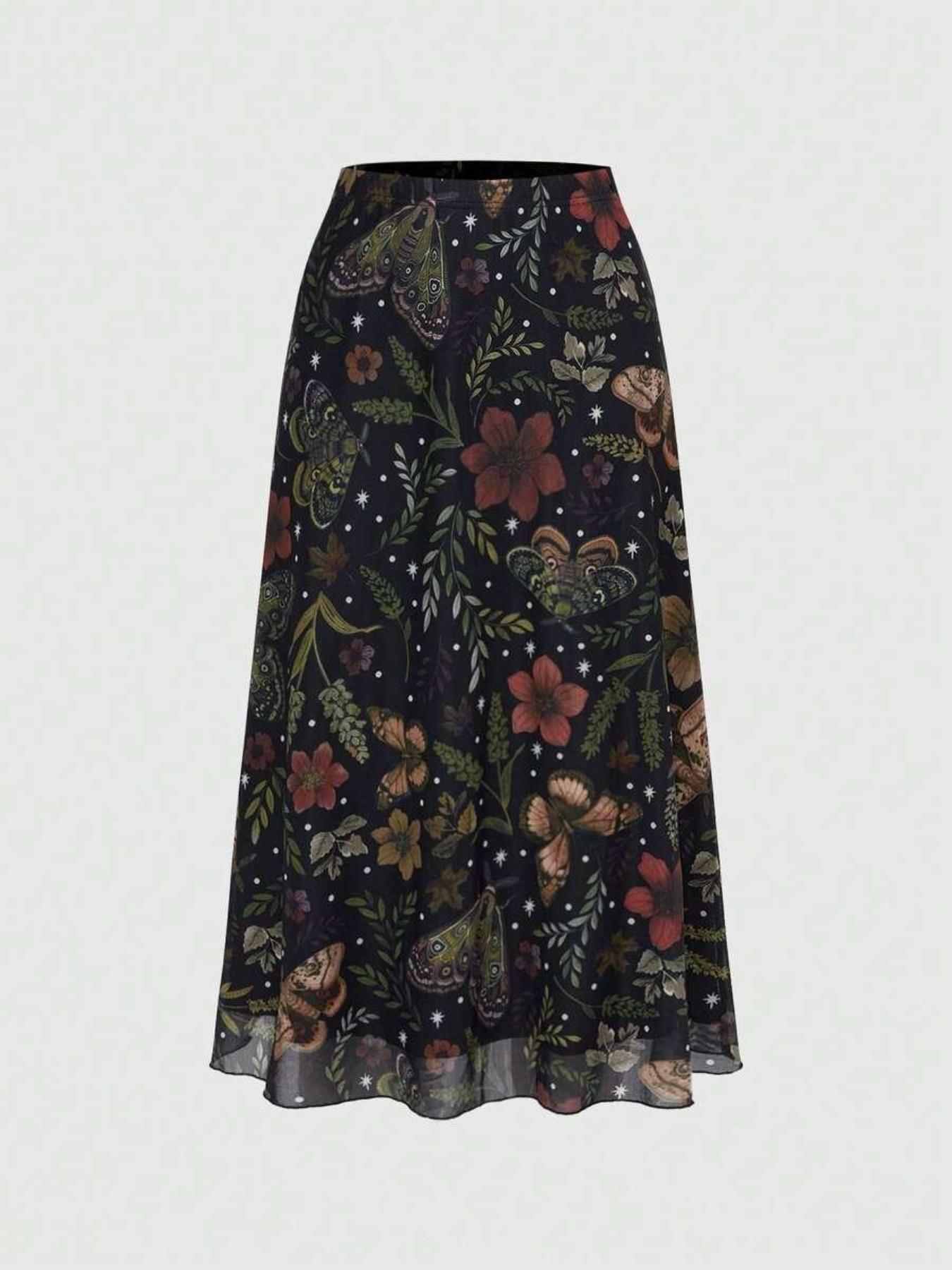 Fairycore Gothic A-Line Skirt, Bohemian, Casual Boho Skirt, Bat Skull Moon Pumpkin Print, Boho Plant Leaf Butterfly Maple Mushroom Floral Design, Elegant Party Dress, All-Season Long Skirt, Elastic, Bottom