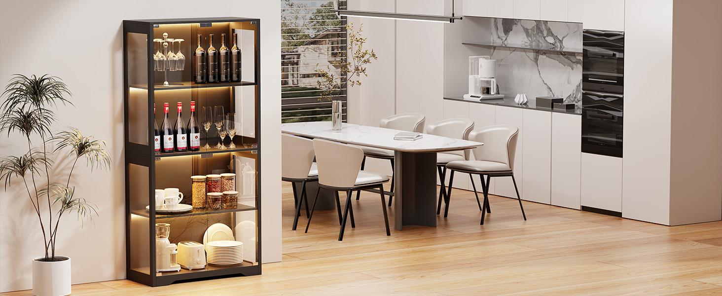 MIIFUNY Display Cabinet with Glass Doors, Storage Cabinet with 3 Color Light, 4-Tier Curio Cabinet&Bookcase for Collectibles, Toys, Books, for Playroom, Bedroom, Study Room, Black