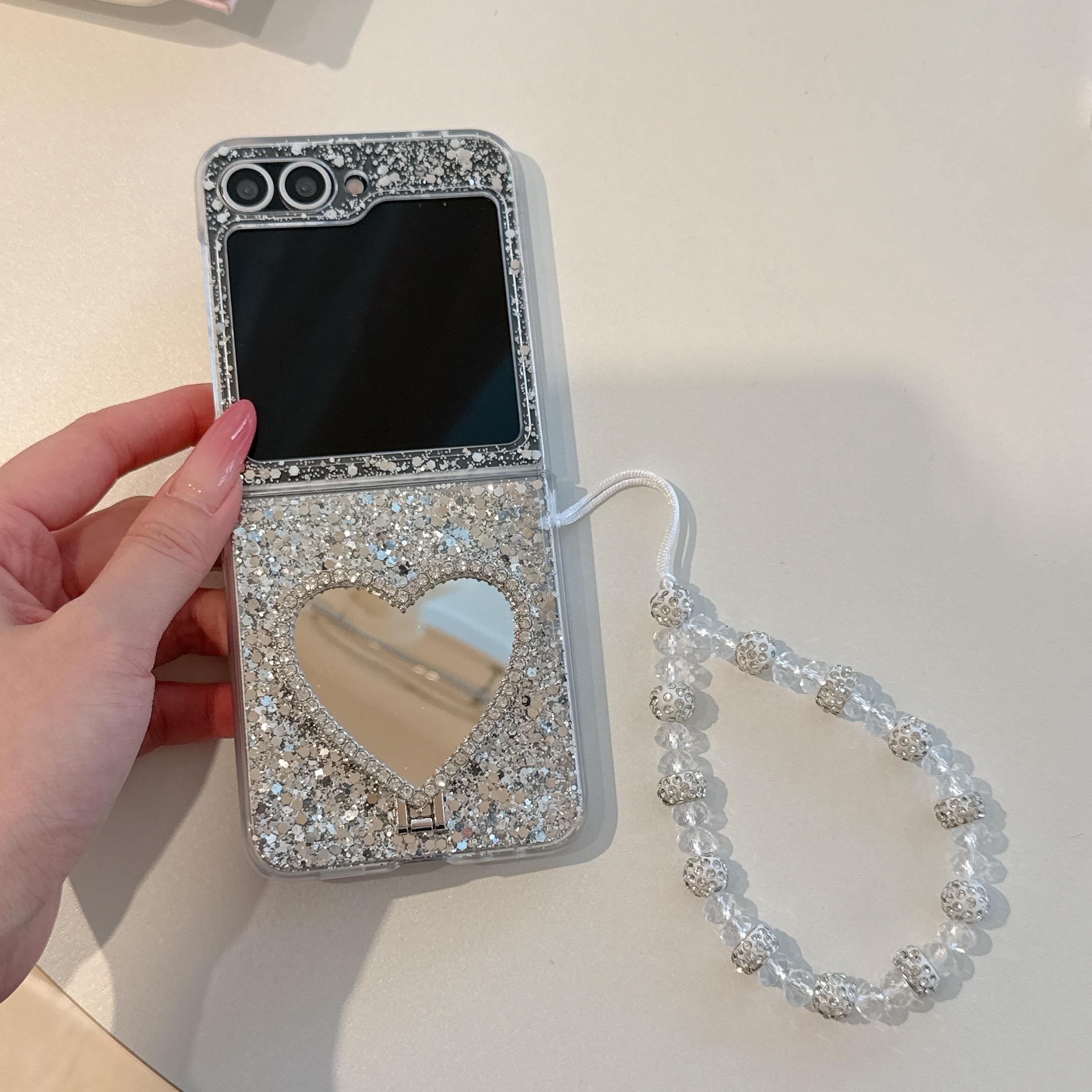 Glitter Heart Stand Foldable Phone Case With Chain For Samsung Galaxy Z Flip3/Z Flip4/Z Flip5/Z Flip6/Z Flip7, Shockproof Cover