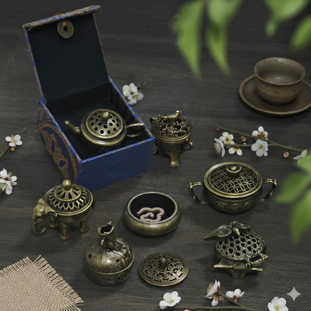 Assorted Vintage Incense Burners Miniature Ornate Metal Holders in Owl, Elephant & Teapot Designs | Desk & Home Fragrance Decor with Blue Gift Box