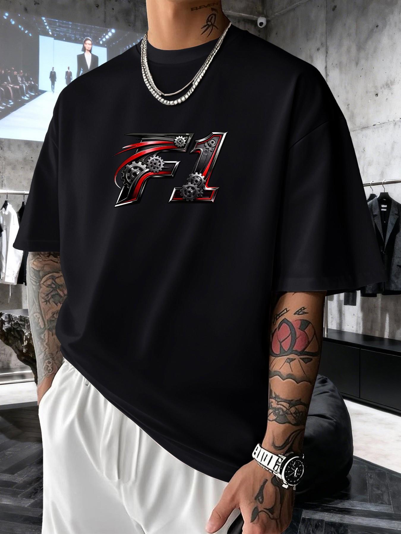 Mechanical Gear F1 Print Men's Trendy Graphic Streetwear Short Sleeve T-Shirt, Casual Slim-Fit Long Top for Spring Summer