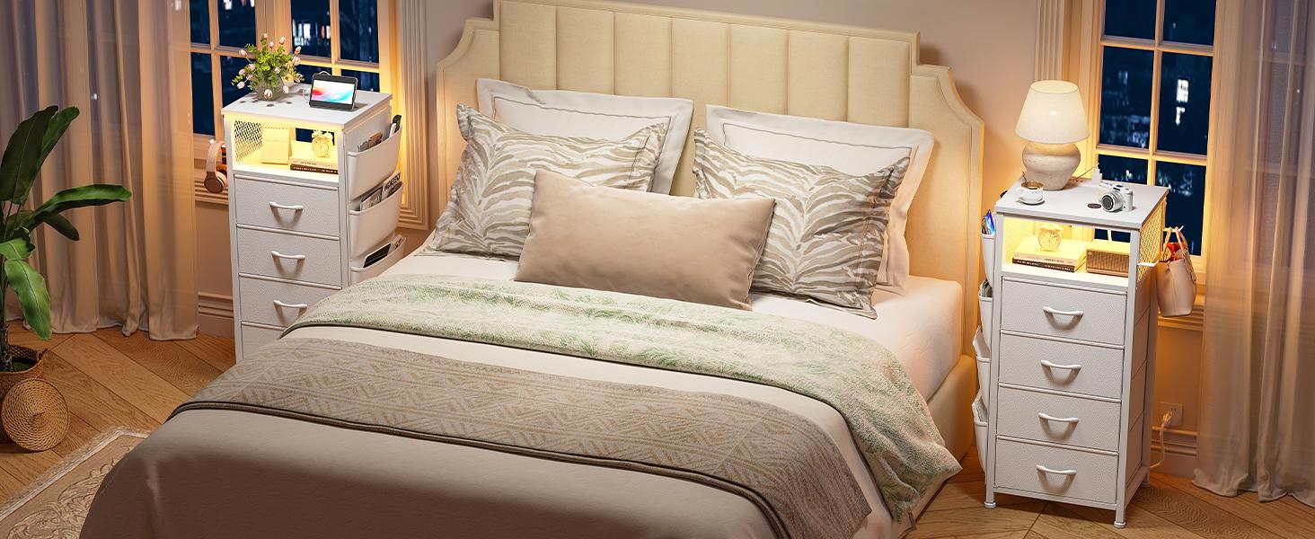 Night Stand Set 2 with Charging Station, Tall Nightstand with 5 Dresser Drawers, LED Nightstands with USB Ports & Outlets, Nightstand with Hooks, Night Stands with Storage Shelf, Bedroom