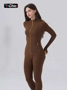 【Golden Zipper】Women's Sporty Tracksuit Set (Gardenia Fragrance), Golden Zipper Jacket with Pockets & Yoga Pants, Thumbholes Design, Casual Wear for Women, Athleisure Wear Set, Sweatsuits Set