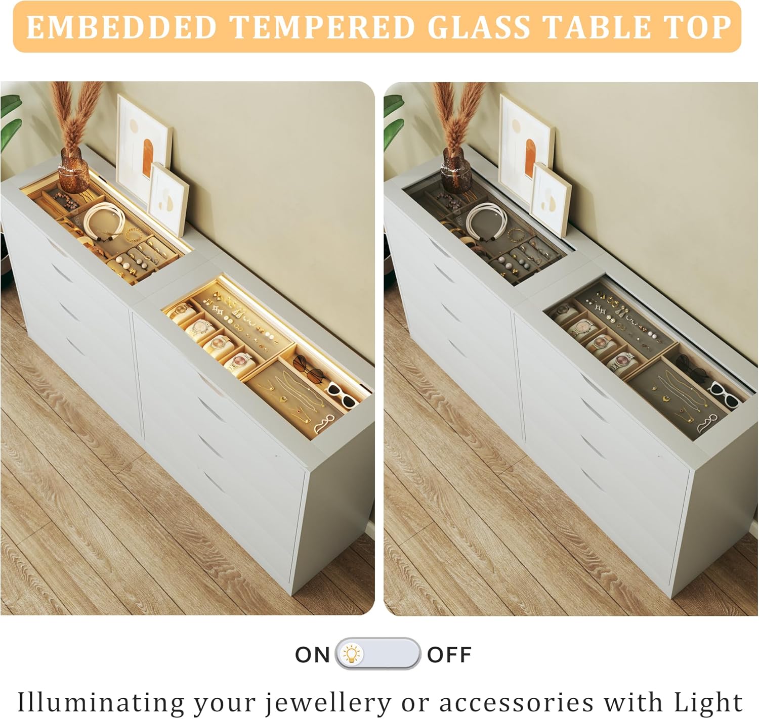 8 Drawer Dresser for Bedroom, White Dresser for Bedroom with LED, 55.1''W Chest of Drawers with Glass Top, Modern Double Wide Drawer Large Dresser for Bedroom, Living Room, Entryway 8 Drawer Dresser for Bedroom, White Dresser for Bedroom with LED, 55.1''W Chest of Drawers with Glass Top, Modern Double Wide Drawer Large Dresser for Bedroom, Living Room, Entryway