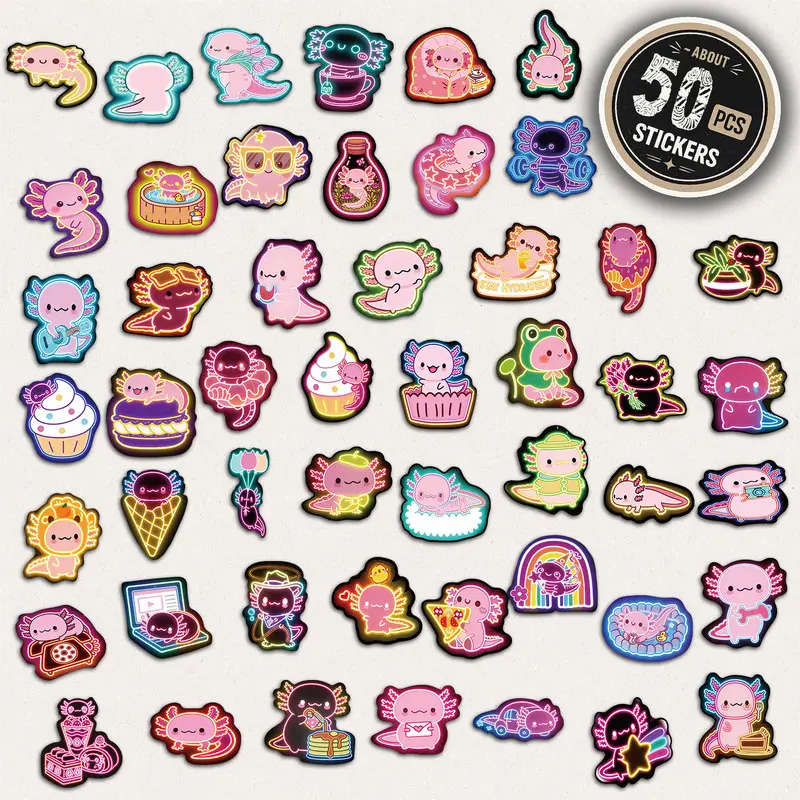 50pcs*5packs Neon Axolotl Aesthetic Vinyl Stickers Pack for Laptop Water Bottle Phone Case Skateboard Journal Scrapbook DIY Decoration