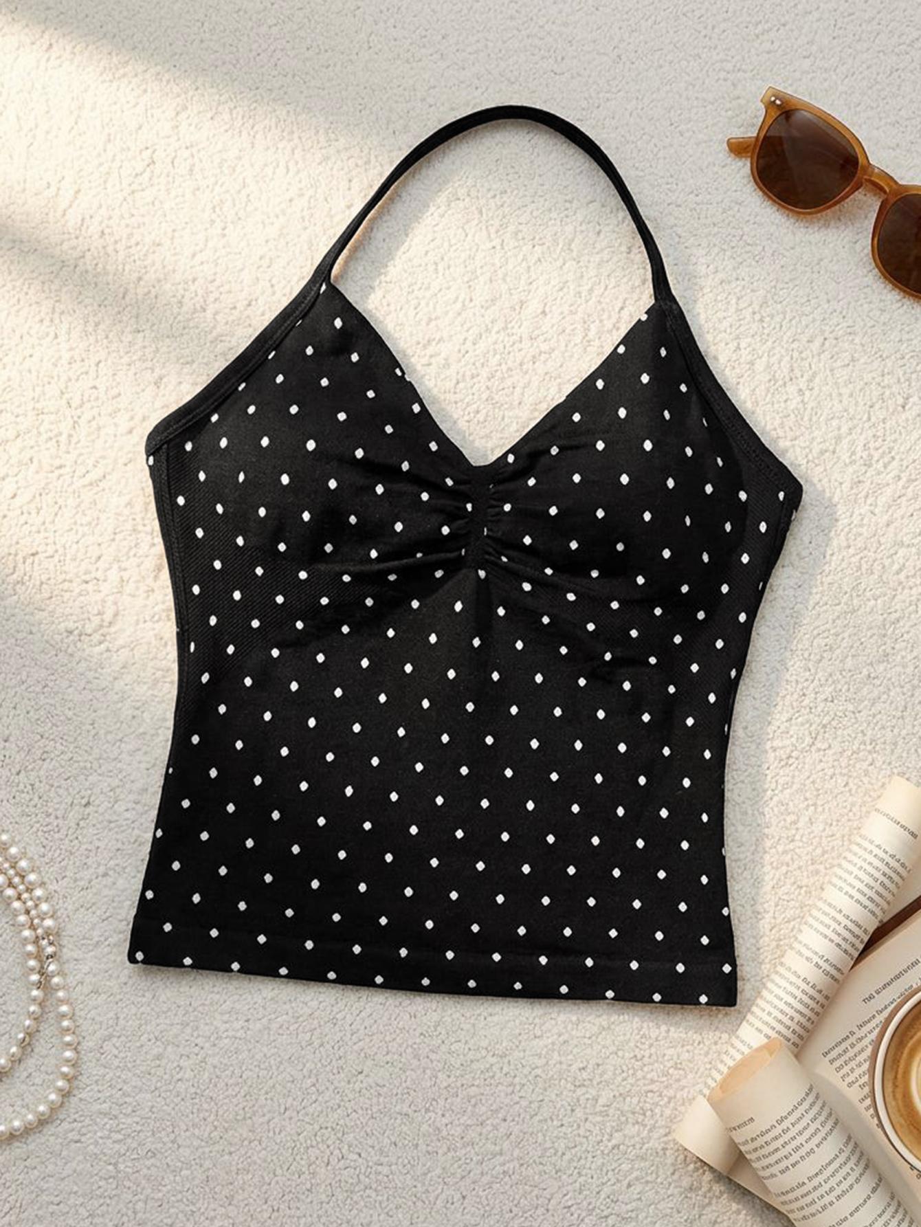 Fashionable Sports Set for Fitness Enthusiasts, Polka Dot Print Halter Top and Shorts, Summer Gym Yoga Running