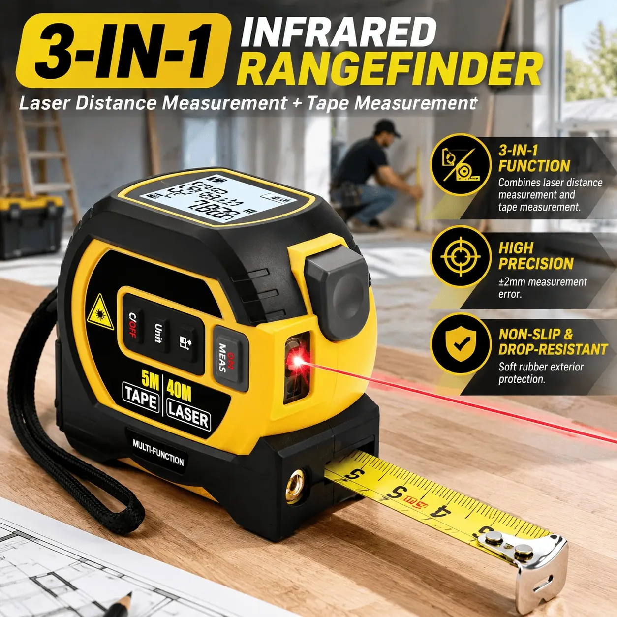 1PC Laser Ranging Tools, 40, 60 Meters, 3-in-1 Infrared Rangefinders, Intelligent Energy Scales, high-precision Measuring Instruments, Digital Laser Measure