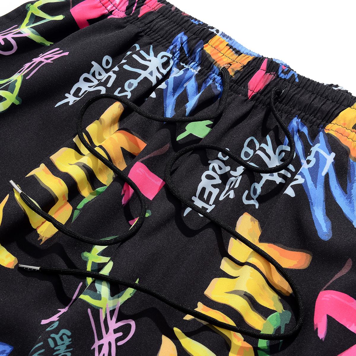 Men's Relaxed-Fit Knee-Length Casual Shorts - Menswear with Vivid All-Over Bright Multicolor Graphics, Reinforced Waist & Side Seams, Adjustable Dual Drawcord, Shape-Retentive Anti-Wrinkle Cool Thin Elastane Fabric