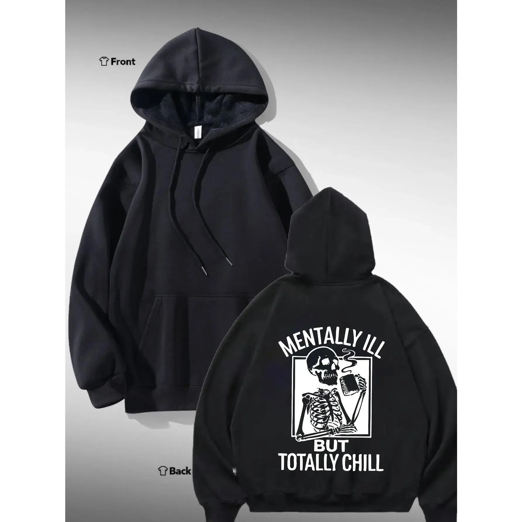 Men's Cotton Blend Heavy Pullover Sweatshirt - Gothic Skull Print, Plush Lined Drawstring Hood, Casual Vintage Street Style Regular Loose Fit, Menswear Sports Top for Urban Lifestyle (Hand Wash, Affordable)