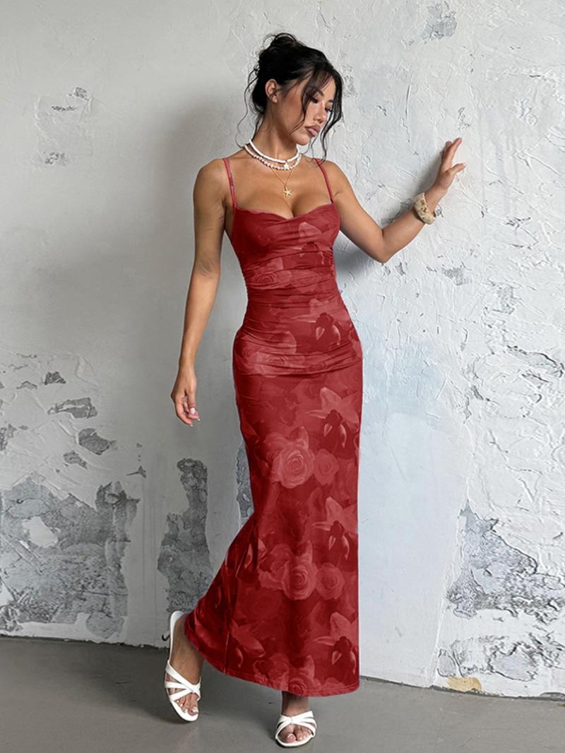 Women's Floral Print Lace Up Bodycon Cami Dress, Elegant Dresses, Adjustable Ruched Sleeveless Long Dress Ladies Clothes for Vacation Holiday Wedding Guest