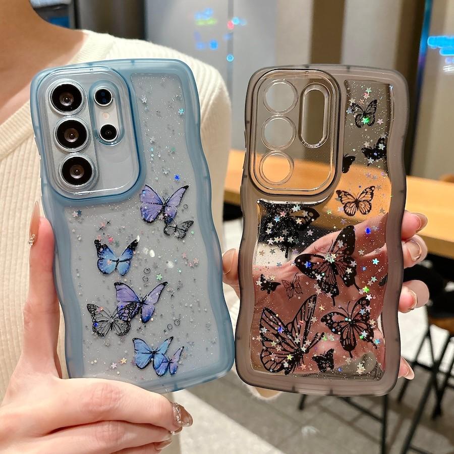 For Samsung Galaxy S26 Plus Ultra A17 A37 A57 5G Butterfly Glitter Transparent Wavy Silicone Case Shockproof Cover
