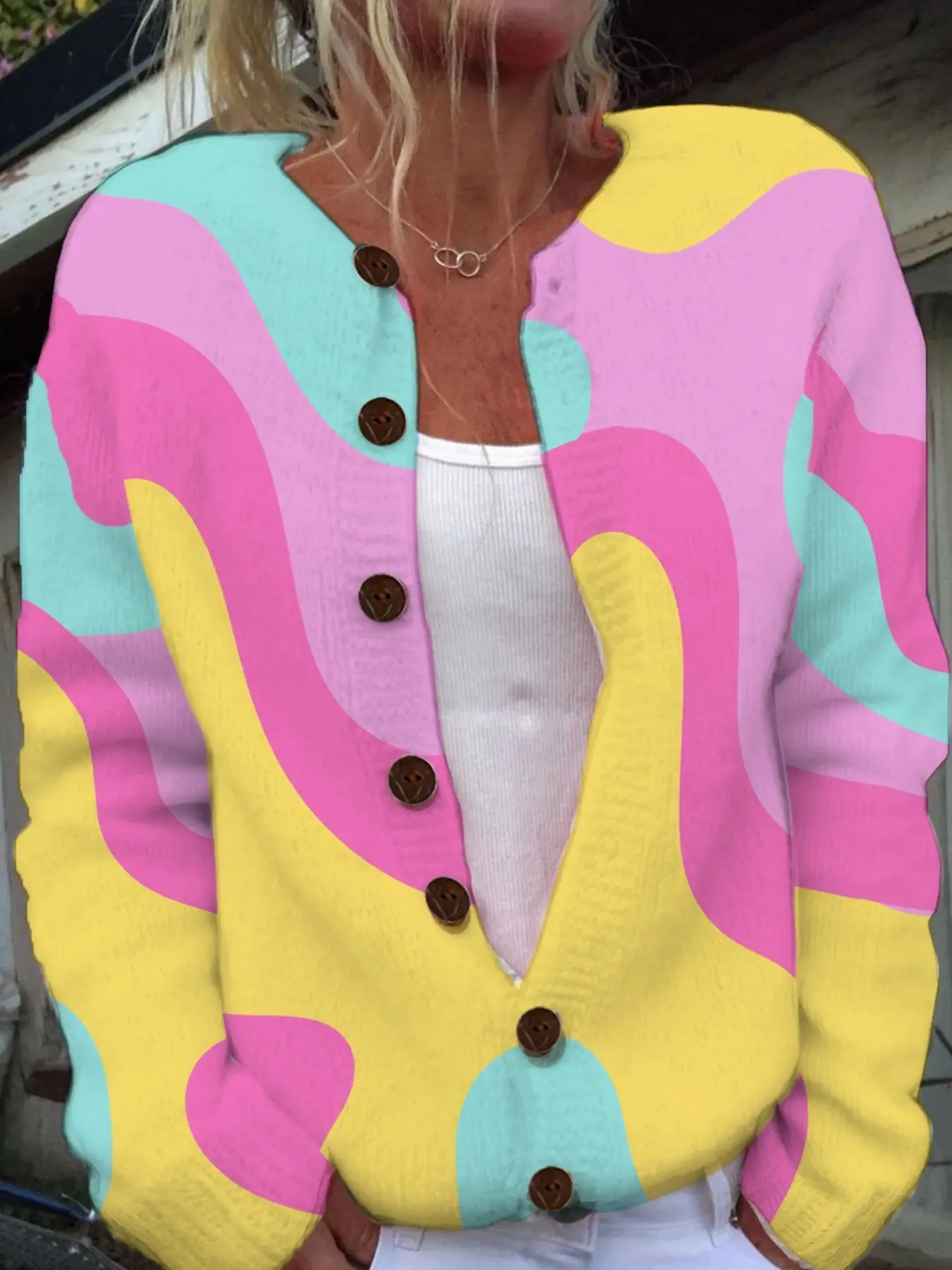 Women's Long Sleeve Round Neck Sweater, 2D Colorful Graffiti Print, Gradient Retro Style, Comfortable All Season Top, Elegant Casual Wear, Casual Pullover