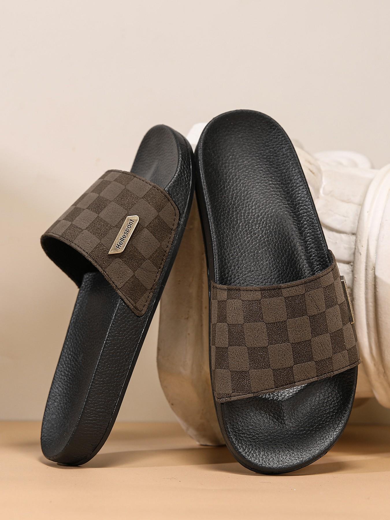 Men's Plaid Slip-On Sandals, Breathable Toe-Exposed Shoes, Anti-Slip Sole, Classic Retro Design, Comfortable Casual Footwear