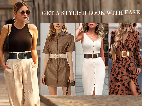 JASGOOD Women Wide Elastic Waist Belt for Dresses Fashion Gold Buckle Stretchy Leather Waistband for Ladies