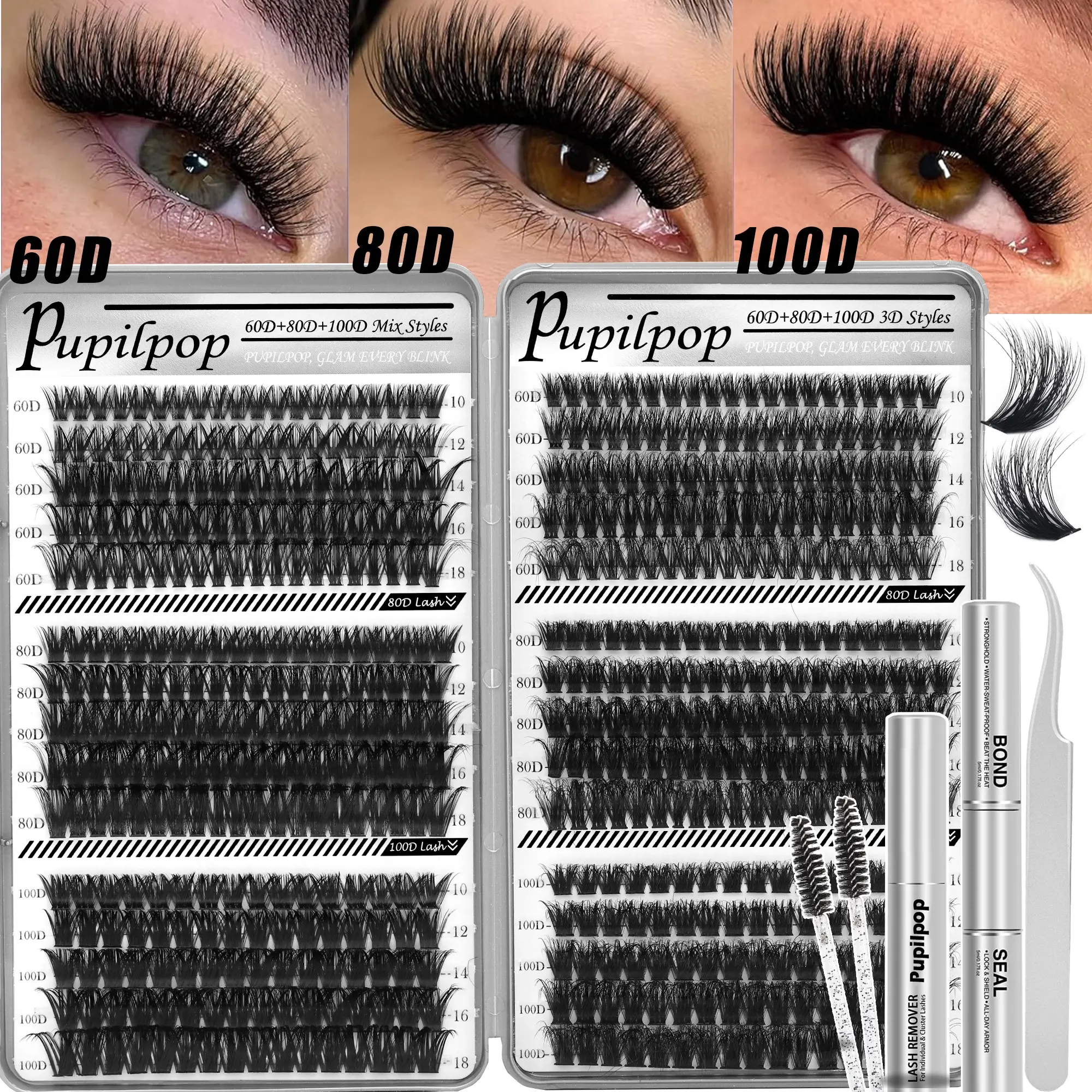 Pupilpop 560PCS Lash Clusters Kit 6 Styles 60D 80D 100D 3D Volume D Curl DIY Lash Extensions for Beginners, Bond & Seal Glue Remover Tweezers Brush Set, 0.05mm Soft Thin Band Waterproof 48H Long-Lasting Reusable Wispy Lashes for Daily Dating, Cosmetic