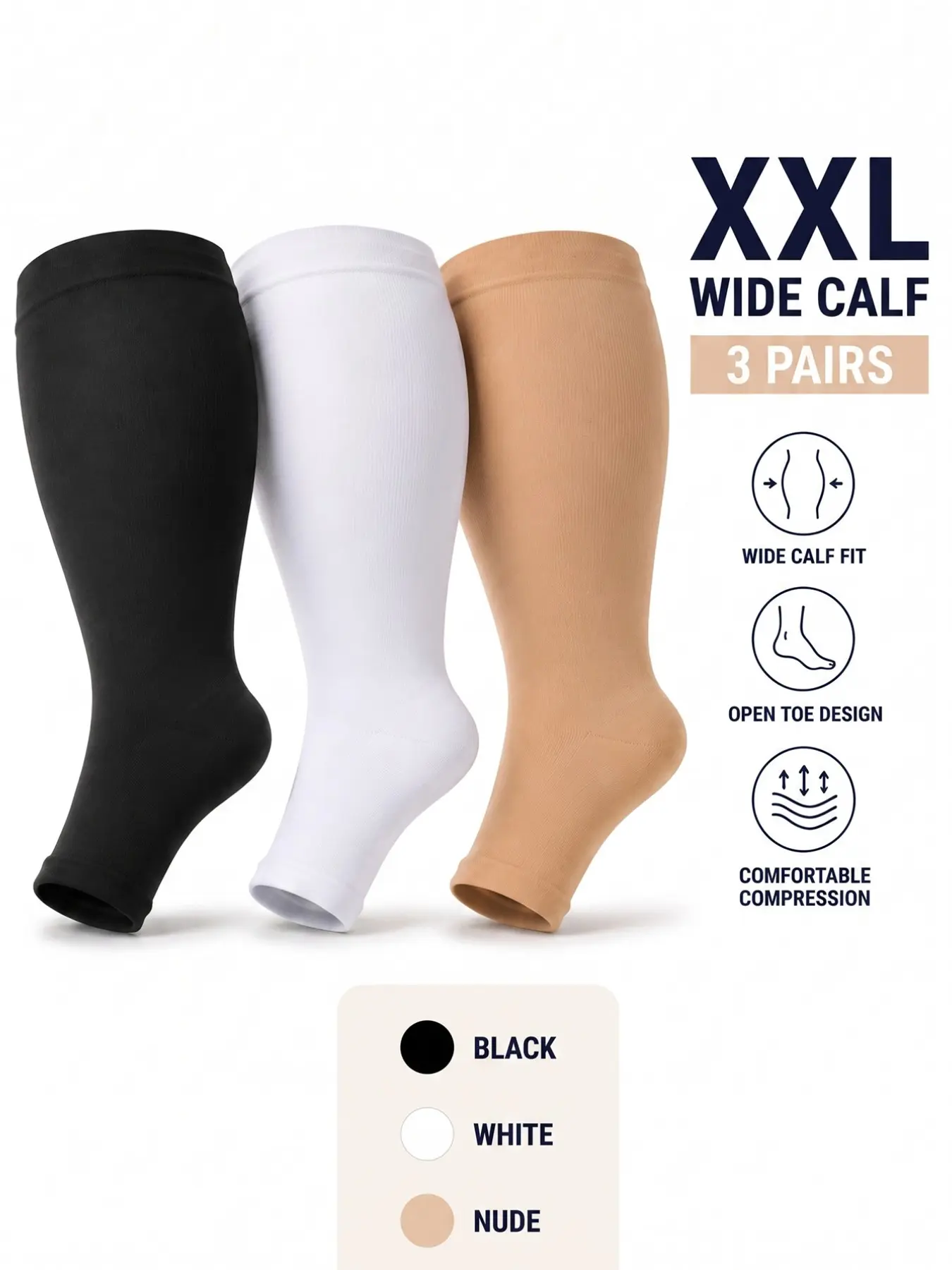 3 Pairs Plus Size Compression Socks Wide Calf Compression Toeless Stockings for Men Women 2XL Plus Size Knee High Support Socks Extra Large Fit for Larger Calves Breathable Fabric