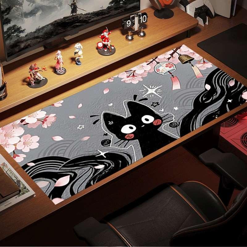 Large Anti-Slip Rubber Mouse Pad, Cherry Blossom Bell Cat Illustration, Gaming Office Desk Mat, Perfect Holiday Gift