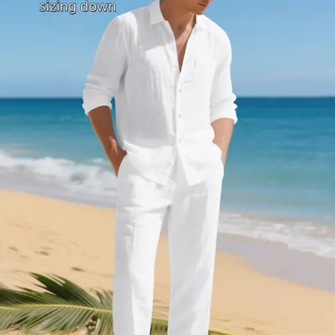 Men's Linen Two-Piece Set, Classic Long Sleeve Button Shirt Top & Drawstring Pants, Breathable Fabric for Beach Vacation, Casual Outdoor Wear Clothes, Outfit Set